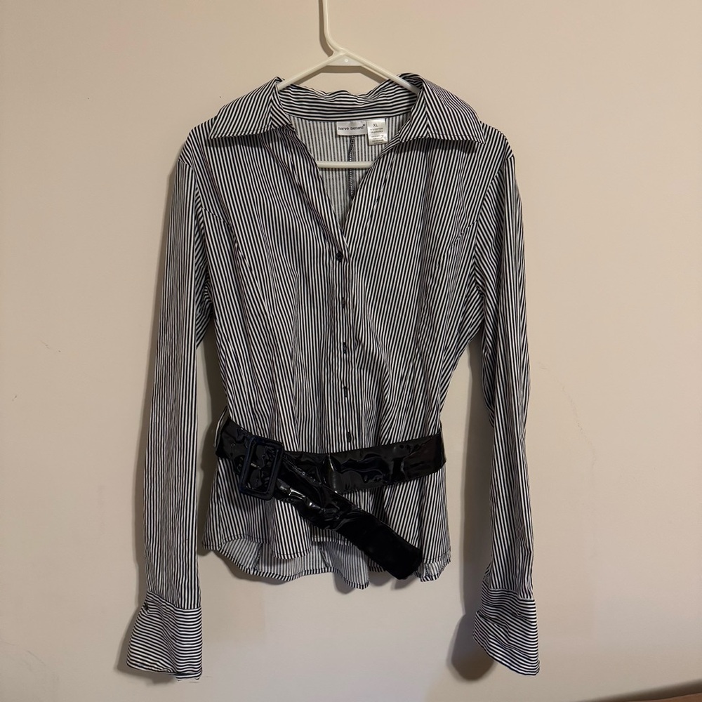 Harve‎ Benard striped button down shirt with belt XL